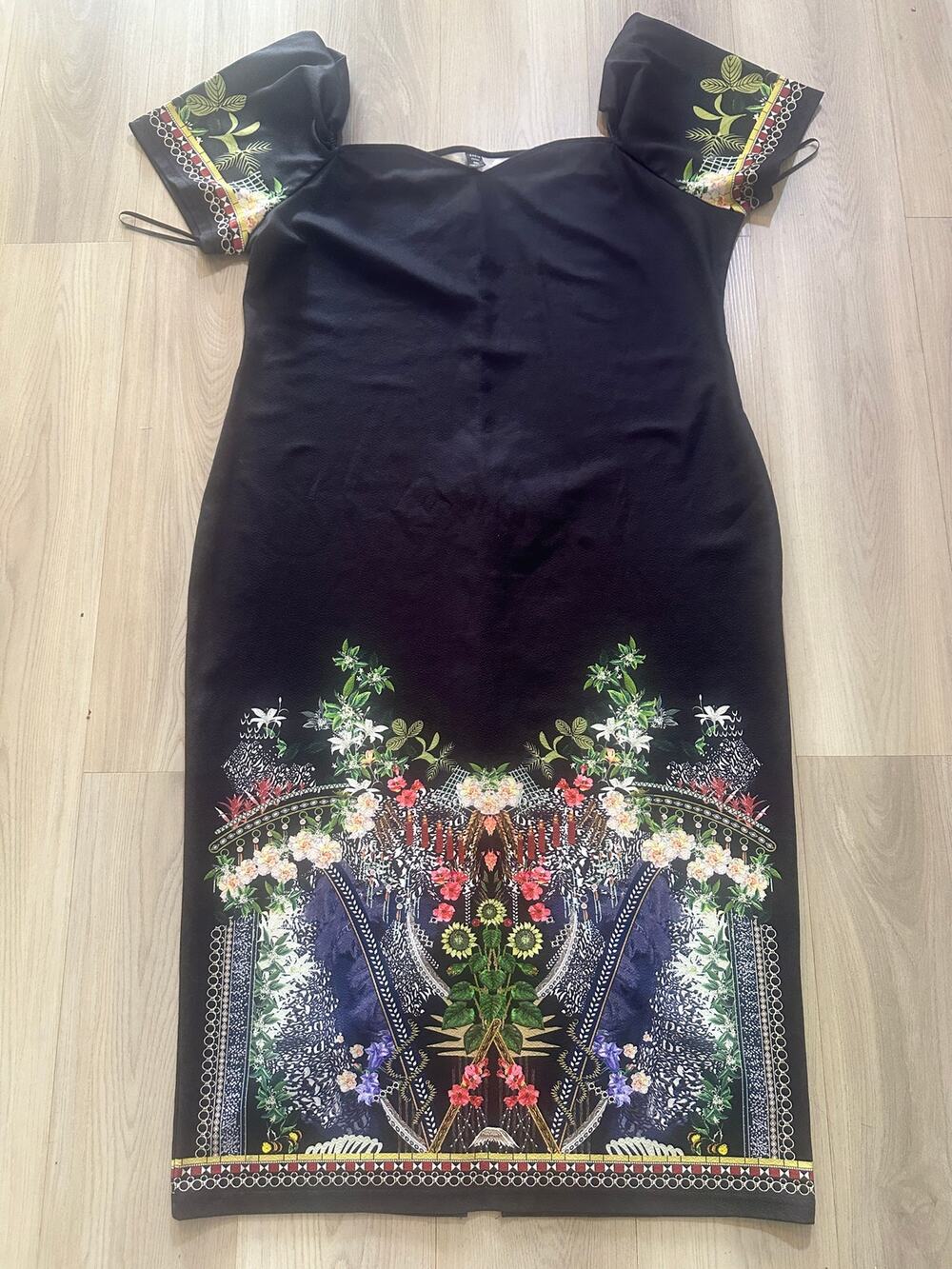 SHEIN Curve Floral Border Print Bodycon Dress 4XL Black Off Shoulder Midi